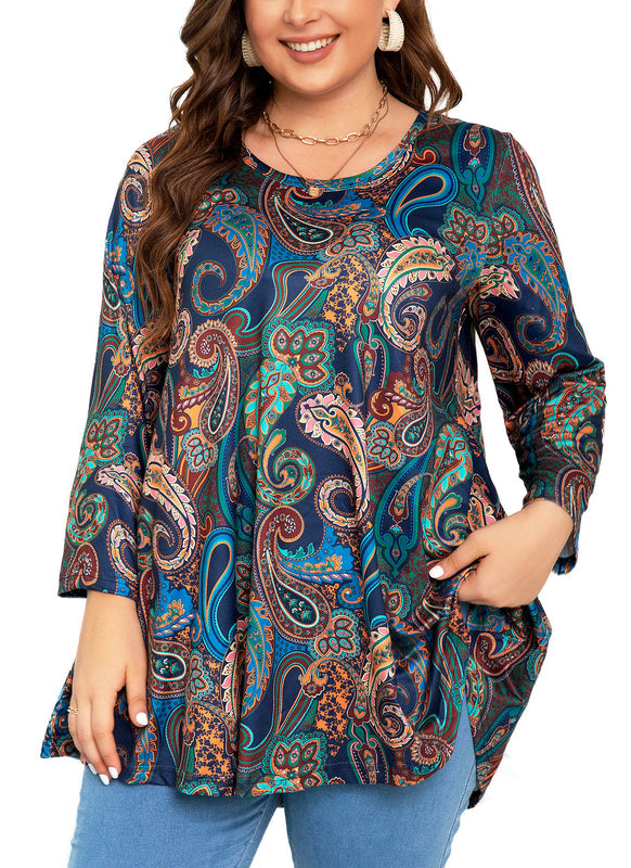 Women's Plus Size Navy Paisley Print Tunic Top | 3/4 Sleeve Swing Blouse with Pockets, Hi-Low Hem, Wear with Leggings – S to 6XL A15