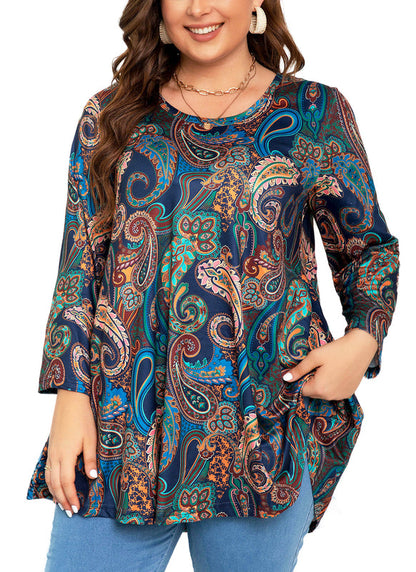 Women's Plus Size Navy Paisley Print Tunic Top | 3/4 Sleeve Swing Blouse with Pockets, Hi-Low Hem, Wear with Leggings – S to 6XL A15