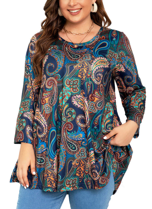 Women's Plus Size Navy Paisley Print Tunic Top | 3/4 Sleeve Swing Blouse with Pockets, Hi-Low Hem, Wear with Leggings – S to 6XL A15