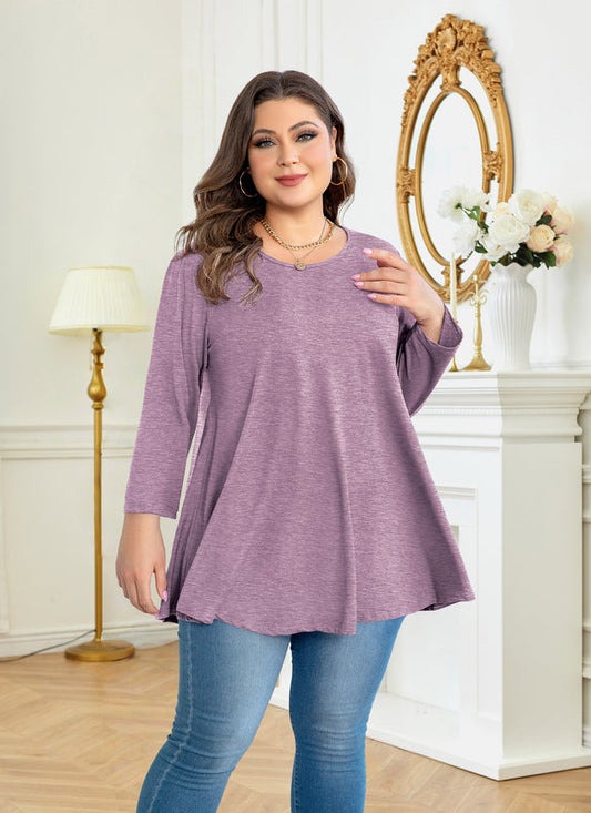Women's Plus Size Purple Tunic Top – 3/4 Sleeve Solid Swing Flare Blouse d28