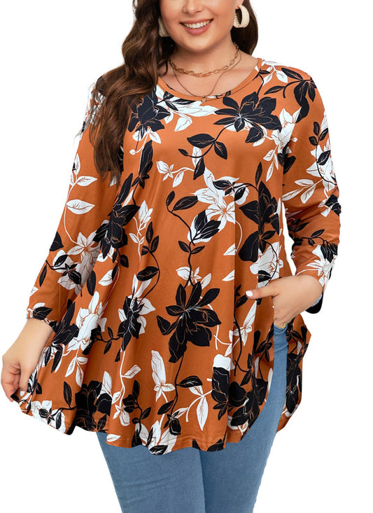 Women's Plus Size Burnt Orange Floral Tunic Top – 3/4 Sleeve Swing Flare Blouse d18