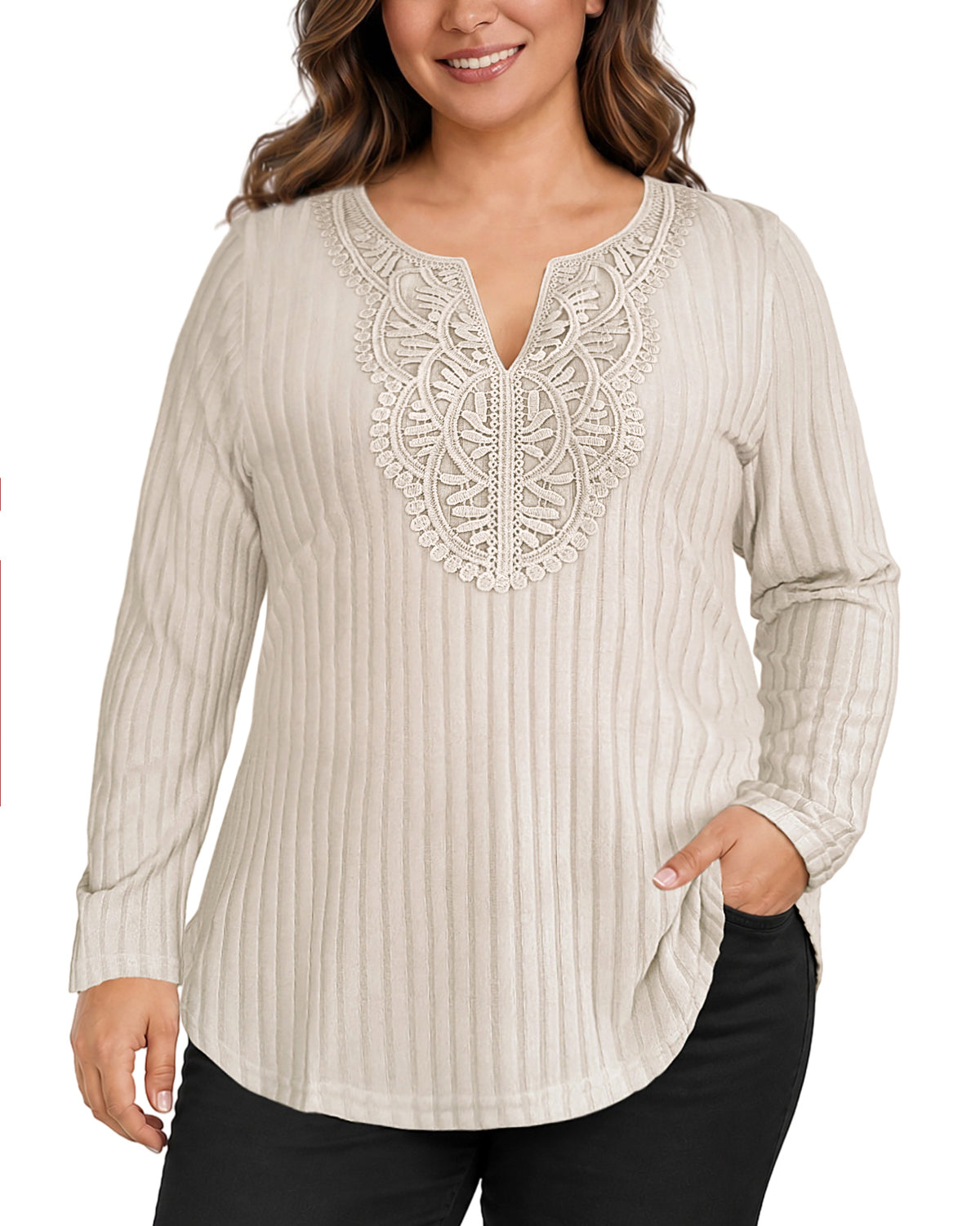 Plus Size Ivory Lace-Trim Tunic Top Q1