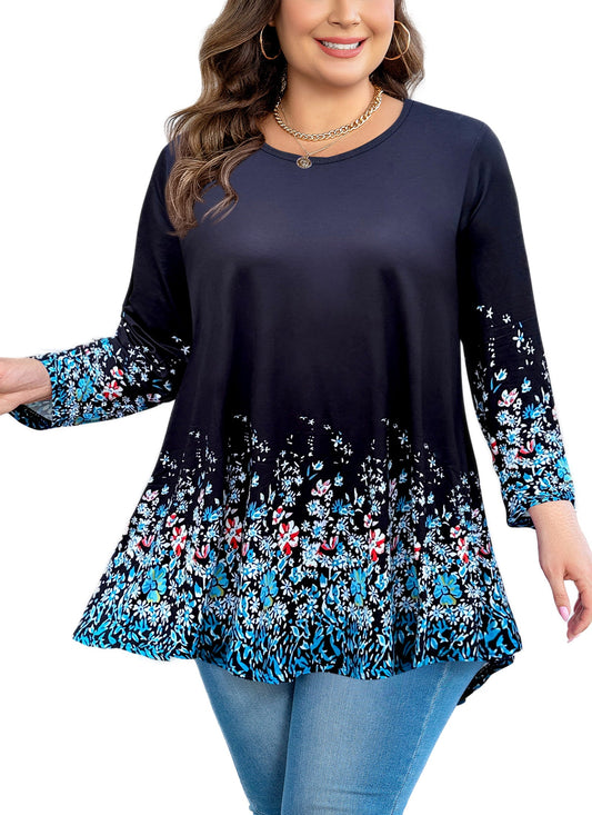 Women's Plus Size Black & Blue Floral Tunic Top – 3/4 Sleeve Swing Flare Blouse d10
