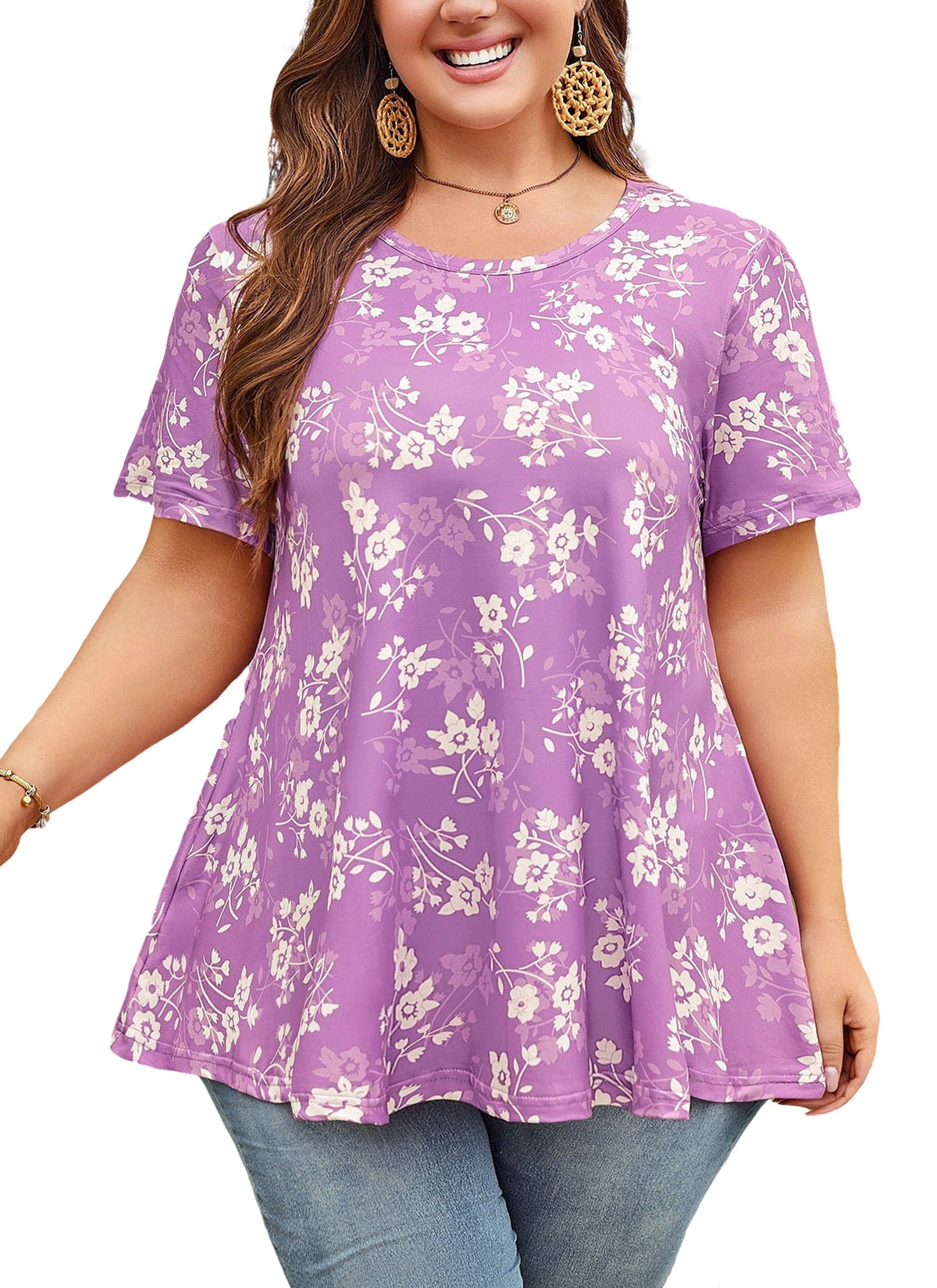 Women's Plus Size Purple & White Tunic Top – Short Sleeve Swing Blouse e11