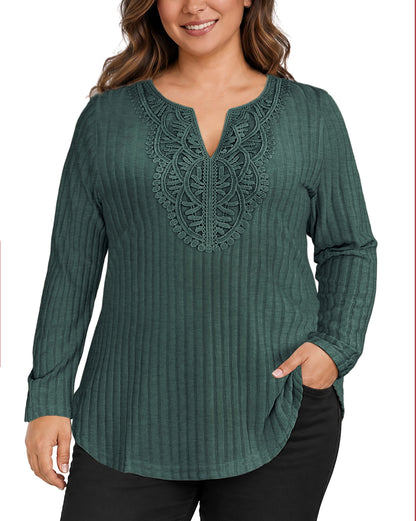 Plus Size Dark Teal Lace-Trim Tunic Top Q3