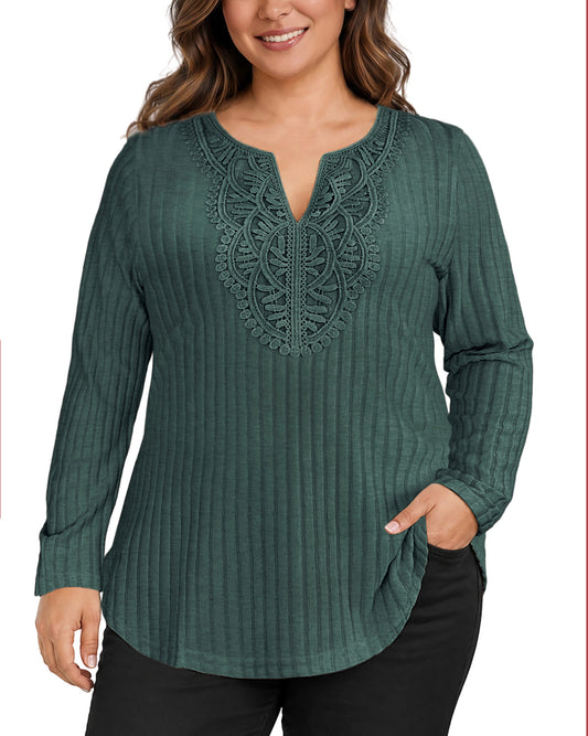 Plus Size Dark Teal Lace-Trim Tunic Top Q3