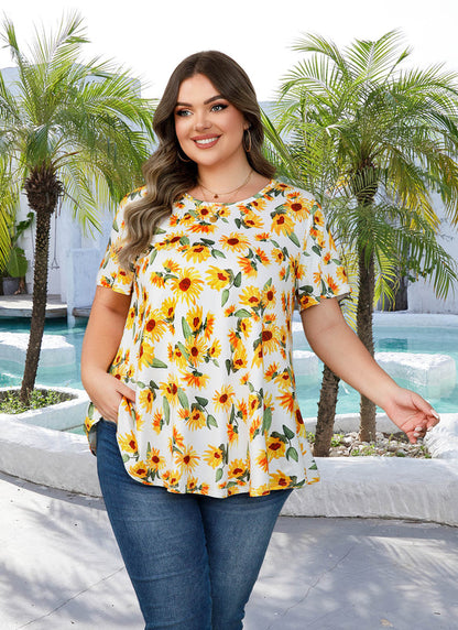 White Sunflower Print Tunic Top – Women's Plus Size Short Sleeve Swing Blouse to Wear with Leggings (S–7XL) b21