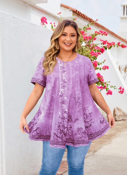 Women's Plus Size Lavender Floral Tunic Top – Short Sleeve Swing Blouse e16