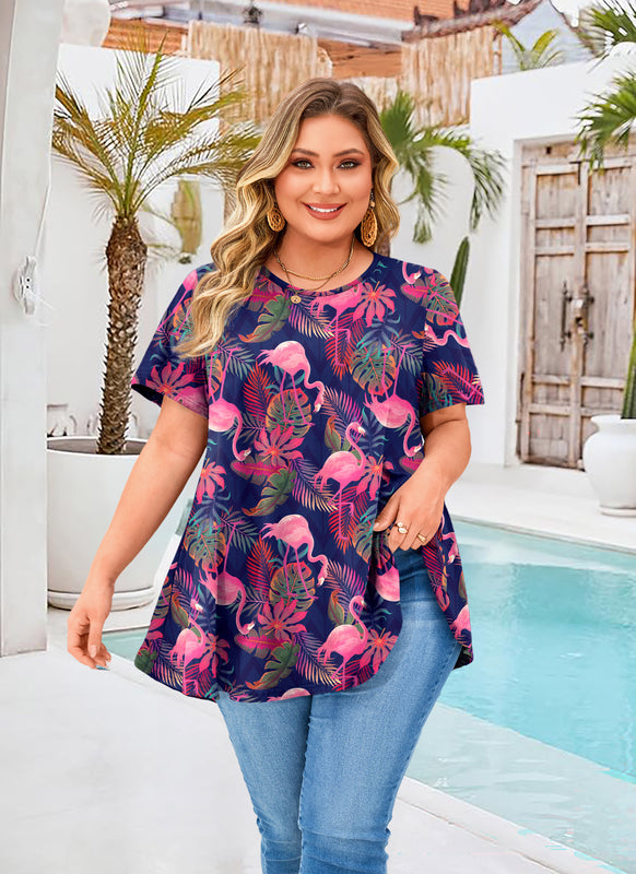 Women's Hot Pink Flamingo Print Plus Size Swing Tunic Top – Short Sleeve Flowy Blouse B50