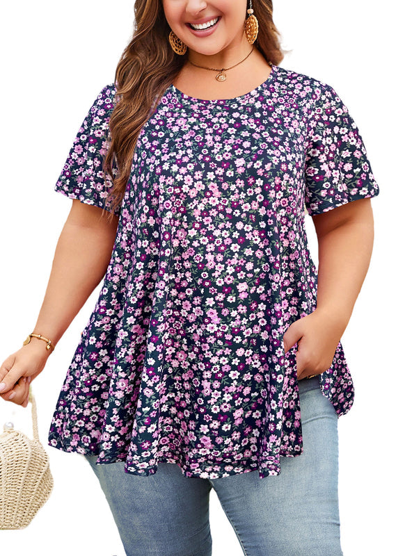 Women's Plus Size Navy Blue & Purple Tunic Top – Short Sleeve Swing Blouse e7