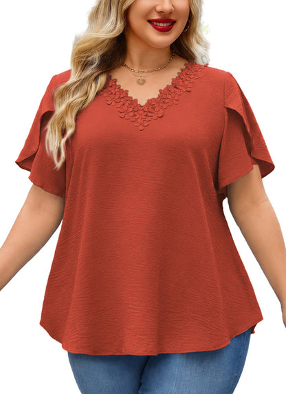 Women's Burnt Orange V-Neck Blouse – Floral Lace Trim, Plus Size I9
