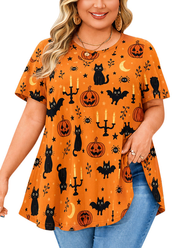Women's Halloween Orange Swing Tunic Top – Short Sleeve, Plus Size B48