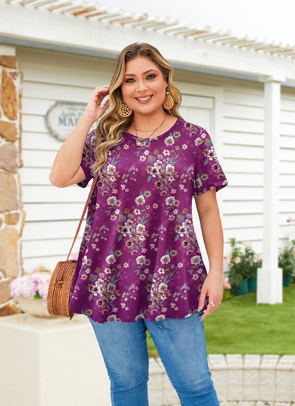 Women's Magenta Floral Swing Tunic Top – Short Sleeve, Plus Size B38