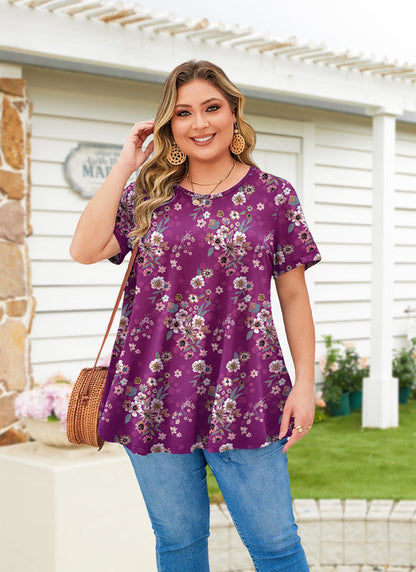 Women's Magenta Floral Swing Tunic Top – Short Sleeve, Plus Size B38