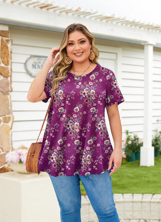 Women's Magenta Floral Swing Tunic Top – Short Sleeve, Plus Size B38