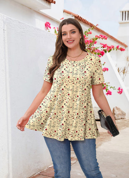 Women's Yellow Floral Swing Tunic Top – Short Sleeve, Plus Size B49