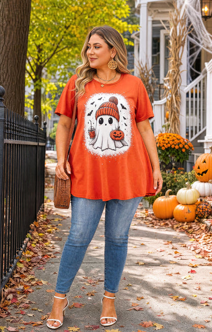Women's Halloween Orange Tunic Top – Festive Print, Plus Size E27