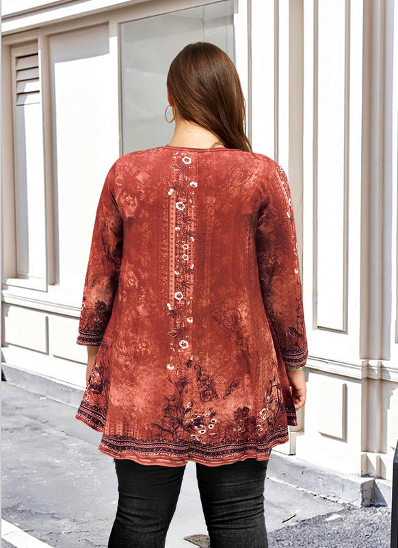 Women's Plus Size Rust Boho Floral Tunic Top – 3/4 Sleeve Vintage Embroidery Print Blouse