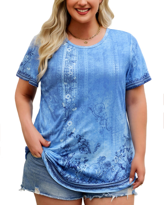 Plus Size Light Blue Floral Border Print Tunic Top