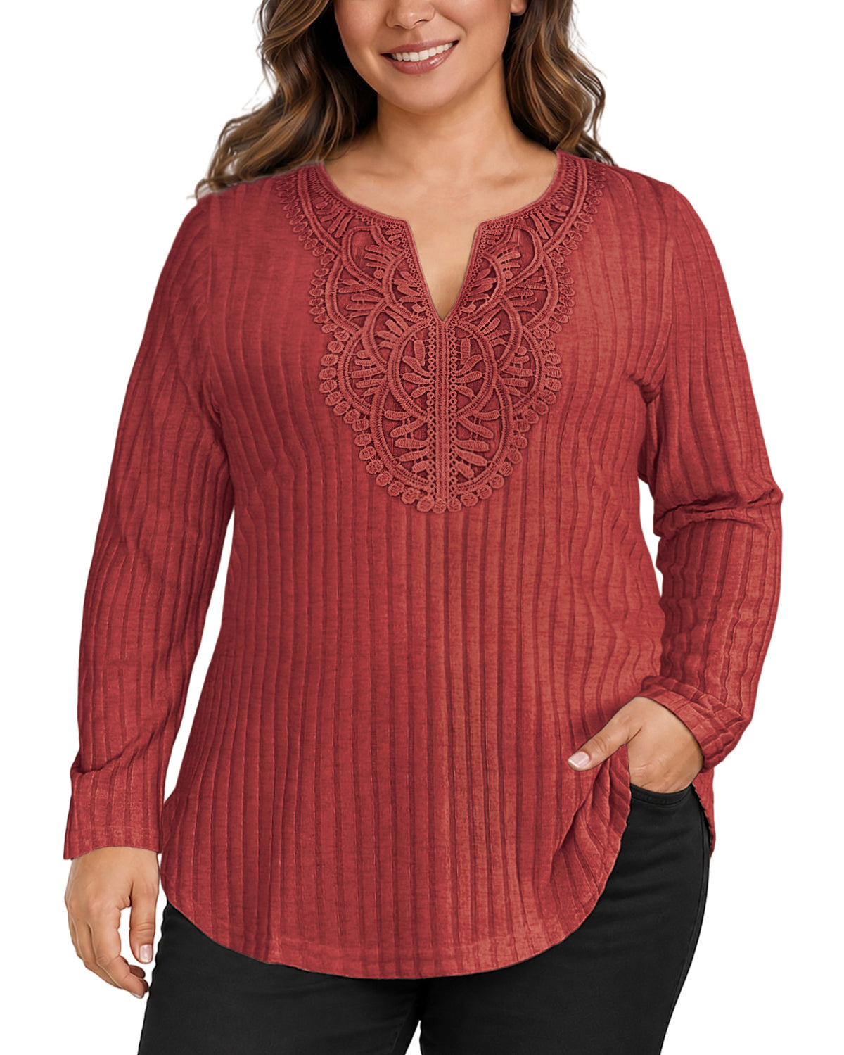 Plus Size Brick Red Lace-Trim Tunic Top Q4