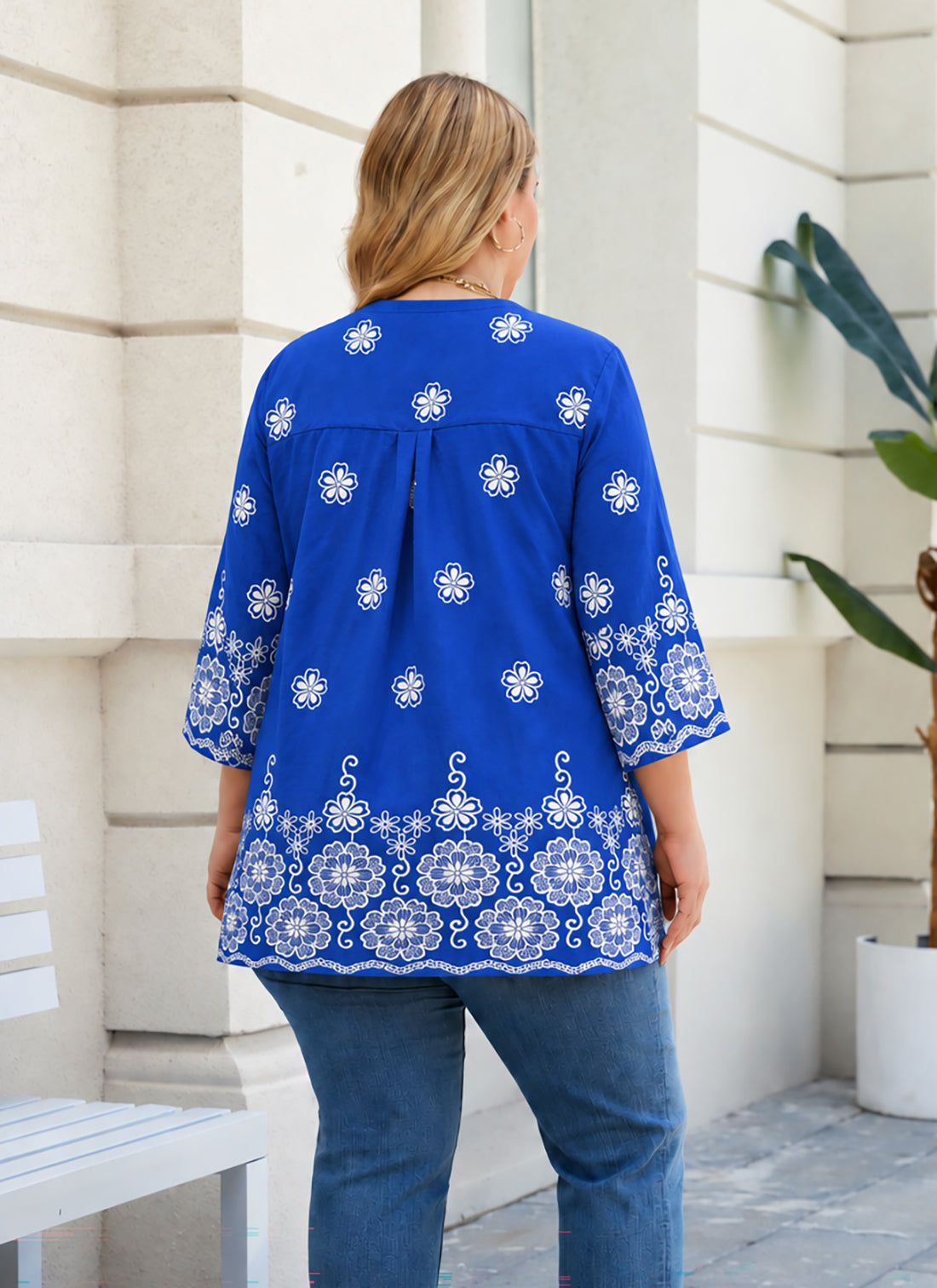 Plus Size Royal Blue Floral Tunic Top. L9