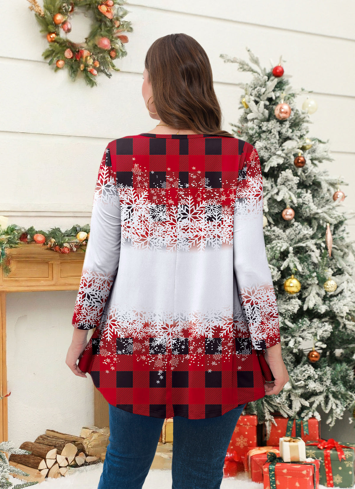 Plus Size Red Plaid Christmas Gnome Swing Tunic
