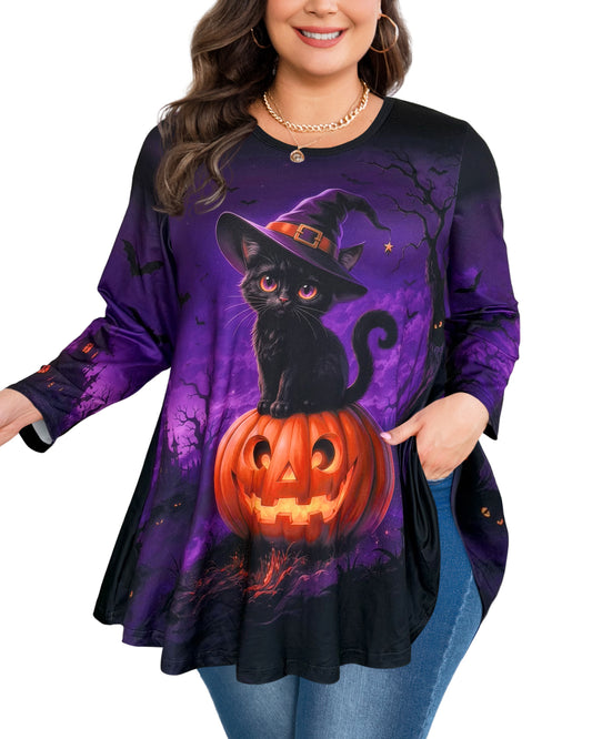 Plus Size Purple Halloween Cat Tunic Top D37