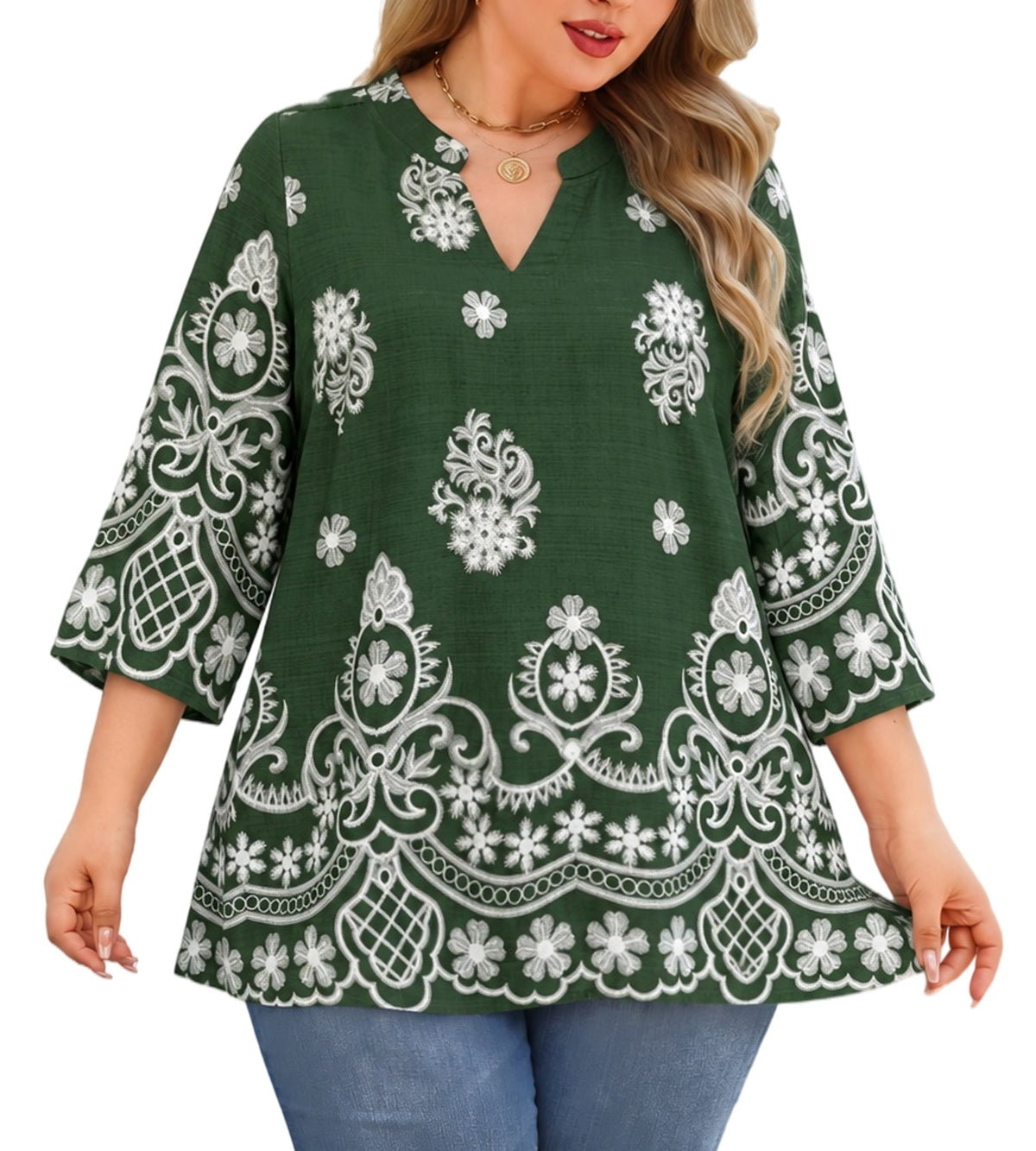 Splensive plus size Forest Green & White Border Print Tunic Top