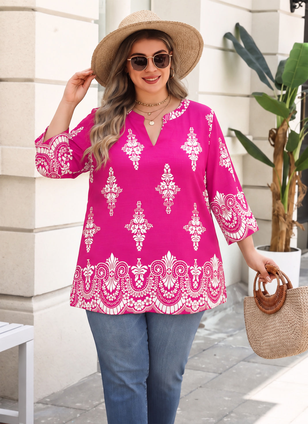 Plus Size Fuchsia Border Print Split-Neck Tunic