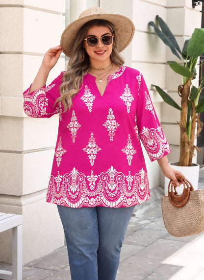 Plus Size Fuchsia Border Print Split-Neck Tunic