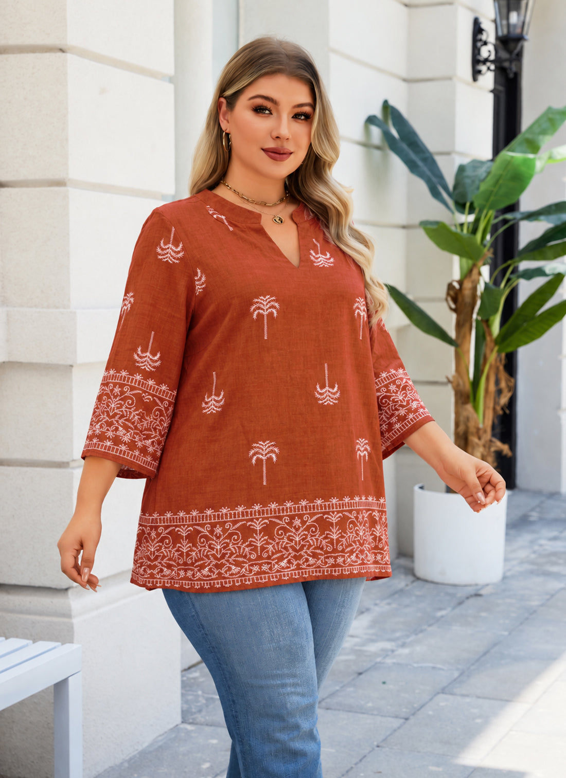 Plus Size Rust Orange Palm Print Split-Neck Tunic