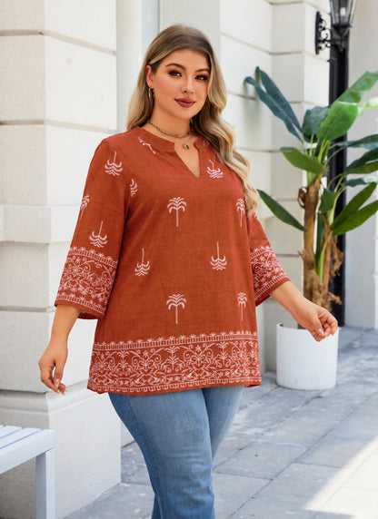 Plus Size Rust Orange Palm Print Split-Neck Tunic