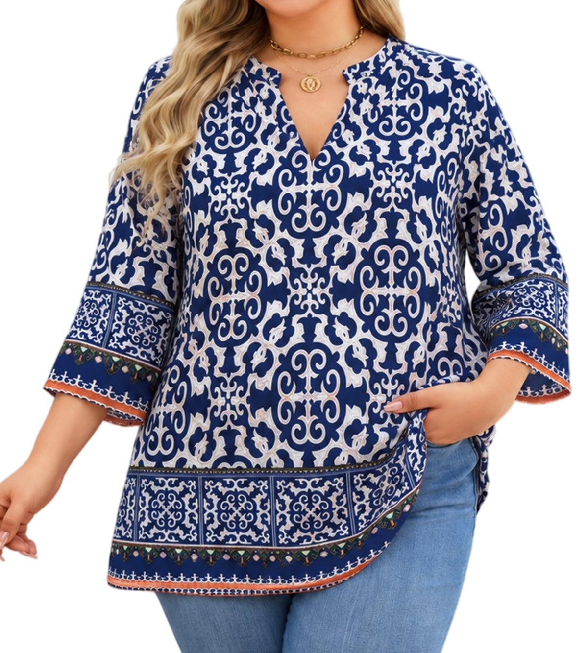 Splensive plus size Navy Blue Ornate Print Tunic Top