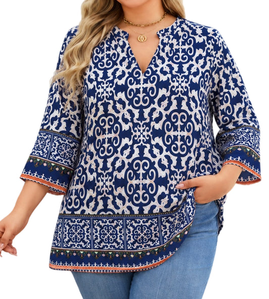 Splensive plus size Navy Blue Ornate Print Tunic Top