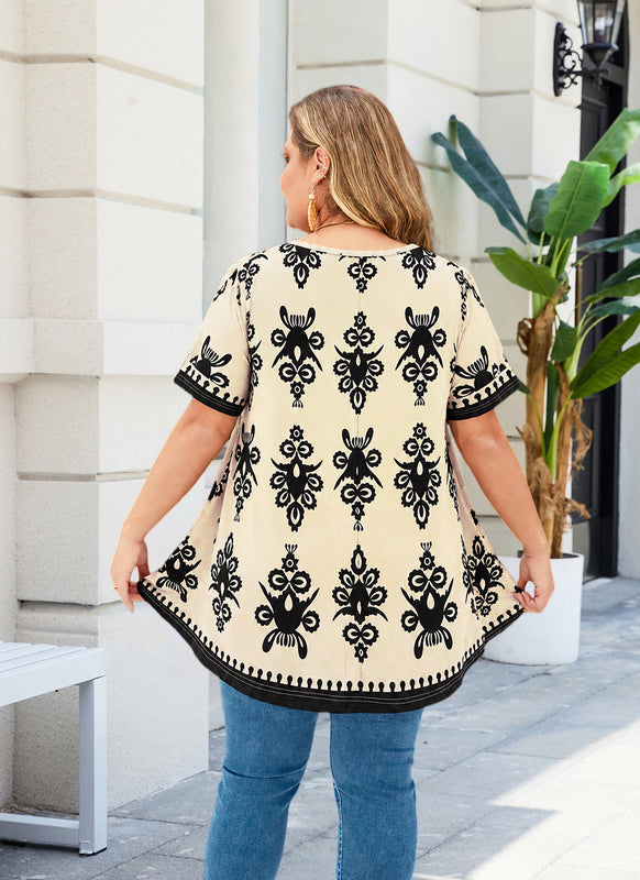 Women's Plus Size Beige Paisley Floral Tunic Top – Short Sleeve Boho Swing Blouse e19