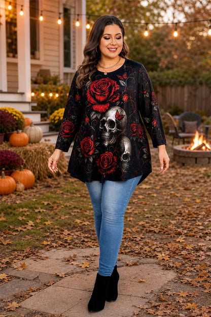 Women's Red & Black Plus Size Swing Tunic Top – 3/4 Sleeve Flowy Blouse A50