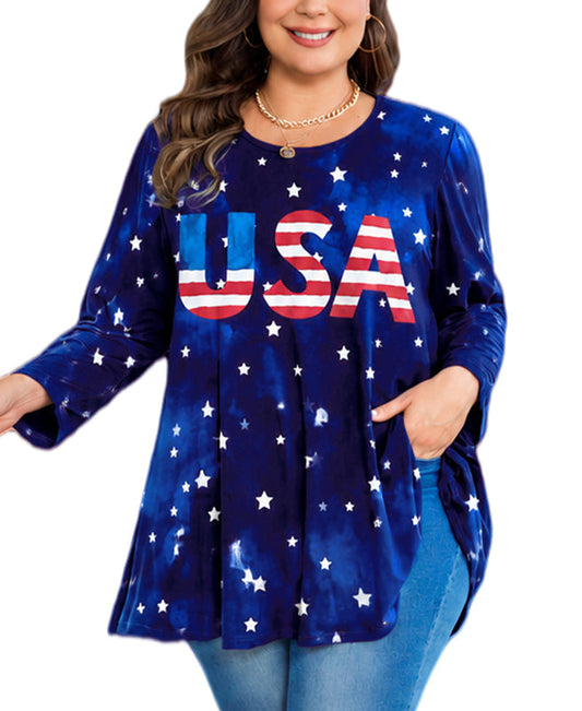 Women's Navy Blue & Red Plus Size Tunic Top – 3/4 Sleeve Swing Flowy Blouse A48