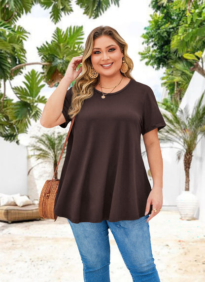 Dark Brown Short Sleeve Swing Tunic Top – Women's Plus Size Crew Neck Flowy Blouse to Wear with Leggings (S–7XL) b14