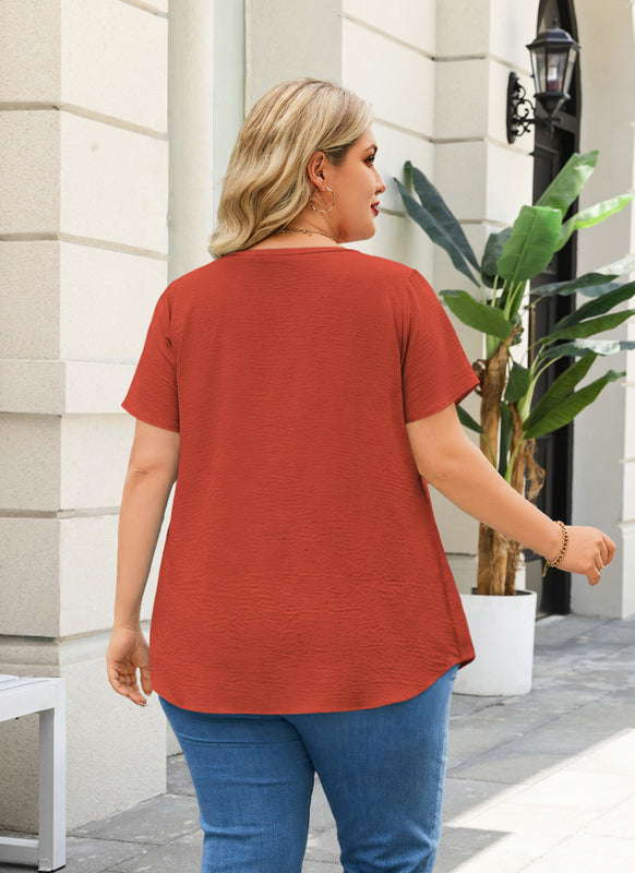 Women's Burnt Orange V-Neck Blouse – Floral Lace Trim, Plus Size I9