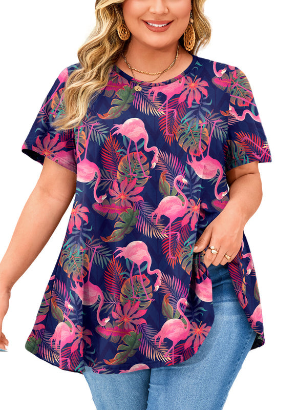 Women's Hot Pink Flamingo Print Plus Size Swing Tunic Top – Short Sleeve Flowy Blouse B50