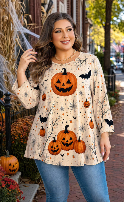 Women's Halloween Pumpkin Tunic Top – 3/4 Sleeve, Plus Size D34