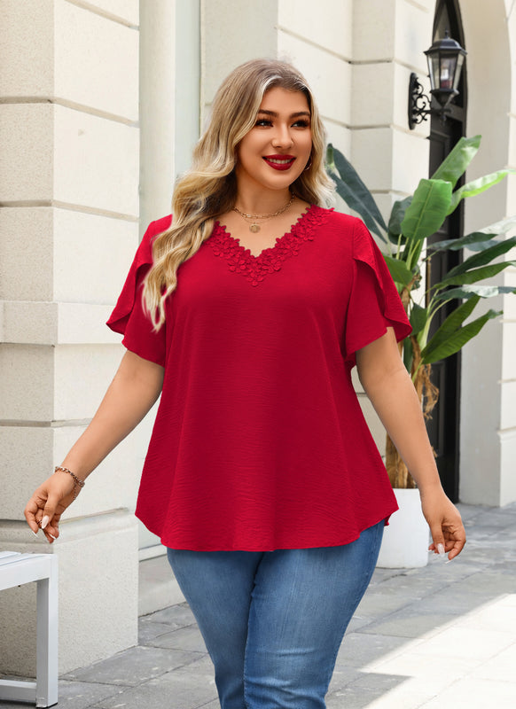 Women's Red V-Neck Blouse – Floral Lace Trim, Plus Size I8