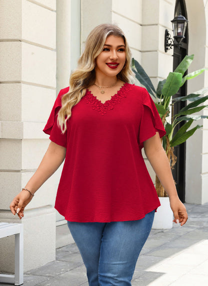 Women's Red V-Neck Blouse – Floral Lace Trim, Plus Size I8