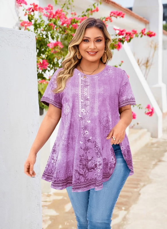Women's Plus Size Lavender Floral Tunic Top – Short Sleeve Swing Blouse e16