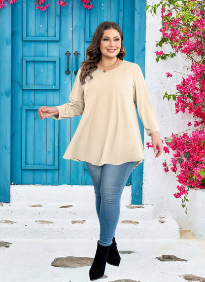 Women's Plus Size Beige Tunic Top – 3/4 Sleeve Swing Flare Blouse d27