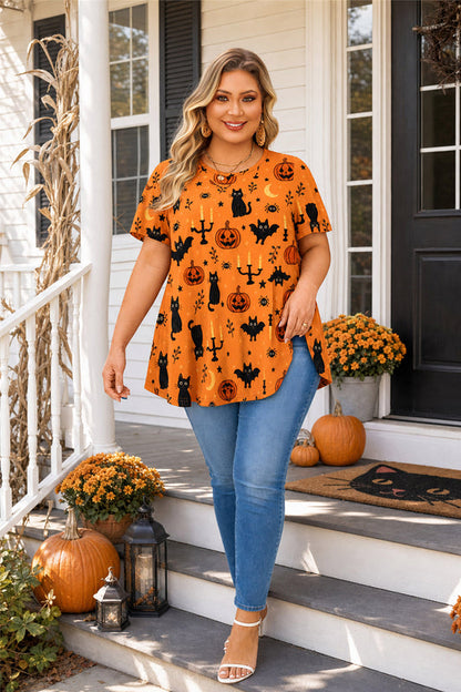 Women's Halloween Orange Swing Tunic Top – Short Sleeve, Plus Size B48