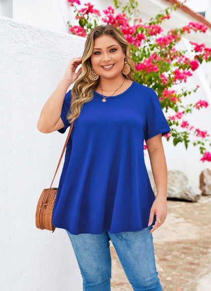 Royal Blue Short Sleeve Swing Tunic Top – Women's Plus Size Crew Neck Flowy Blouse to Wear with Leggings (S–7XL) b12