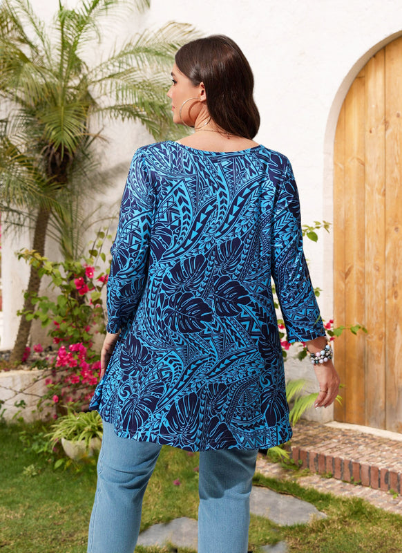 Women's Plus Size Blue Tropical Print Tunic Top | 3/4 Sleeve Swing Blouse, Flowy Fit, Wear with Leggings – Hawaiian Leaf, S to 6XL A16