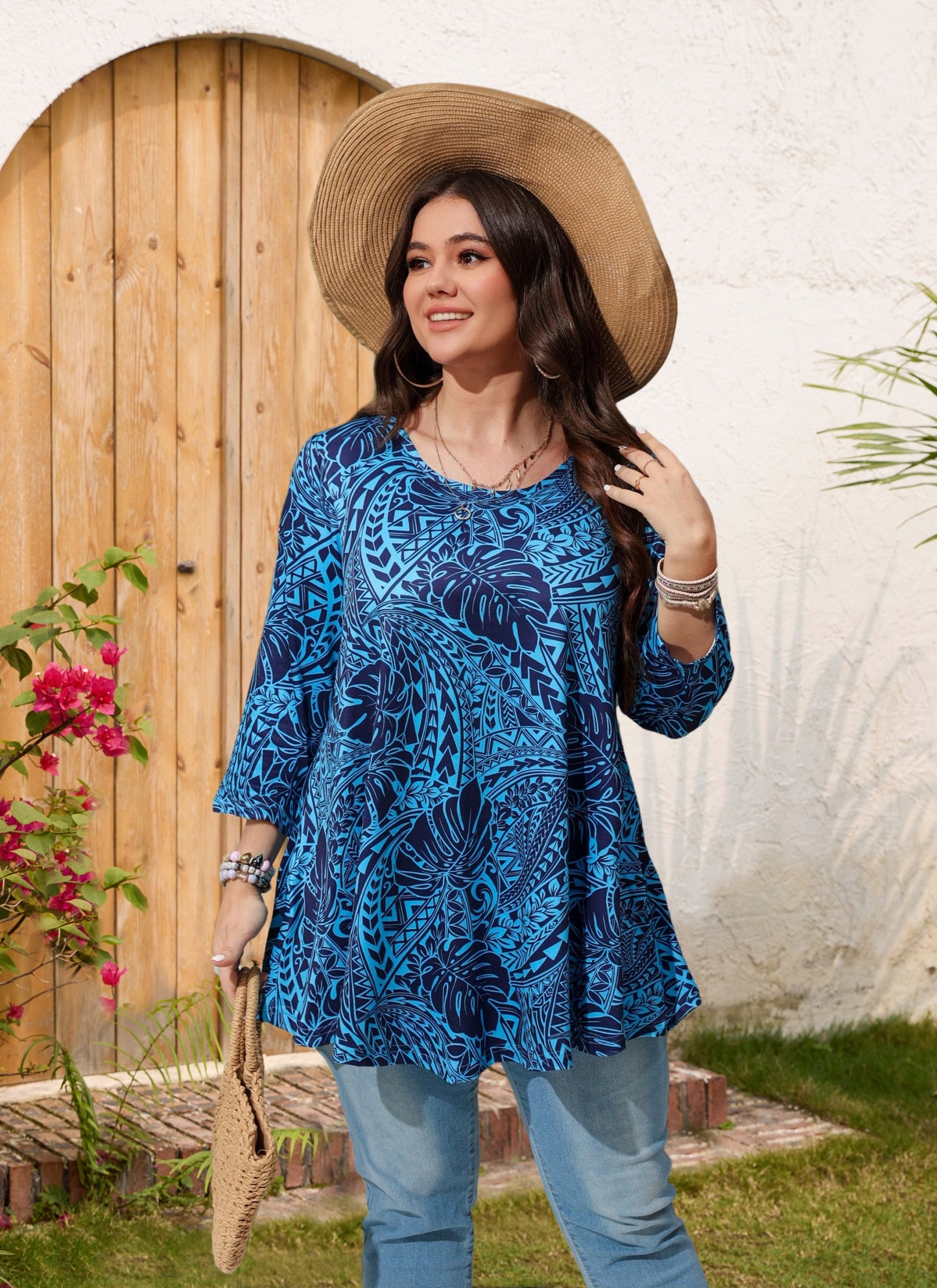 Womens Tops - Plus Size Tunics 3/4 Sleeve Loose Fit Dressy Casual Long Swing Flowy Lady Blouses Shirts Wear with Leggings Teals Blue Clothing A16 SATBL2