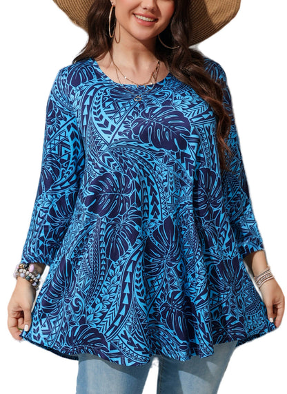 Women's Plus Size Blue Tropical Print Tunic Top | 3/4 Sleeve Swing Blouse, Flowy Fit, Wear with Leggings – Hawaiian Leaf, S to 6XL A16